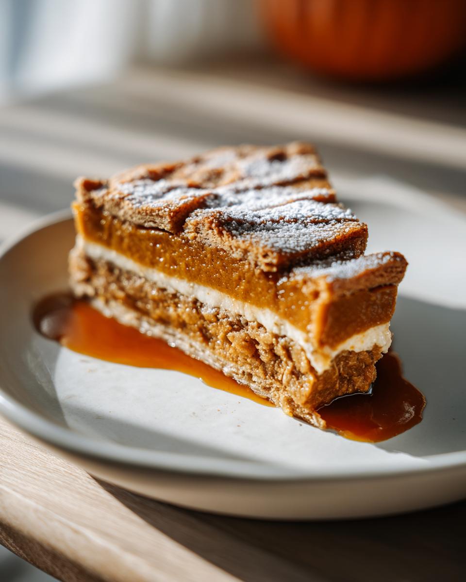 A slice of pumpkin layered cake, a perfect Thanksgiving dessert, with powdered sugar and caramel drizzle.