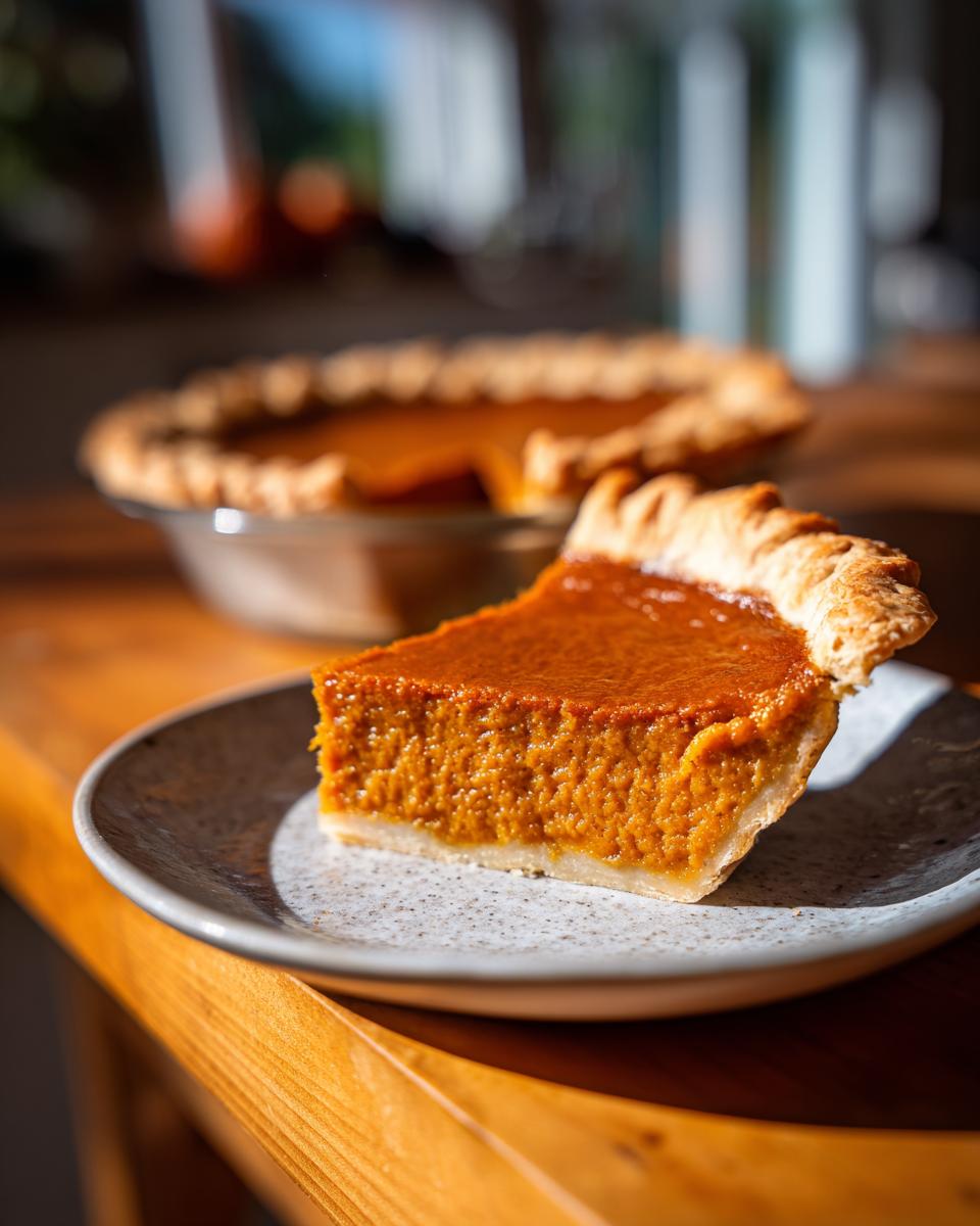 A slice of pumpkin pie, showcasing a Thanksgiving Desserts Recipe everyone asks for. Whole pie in background.