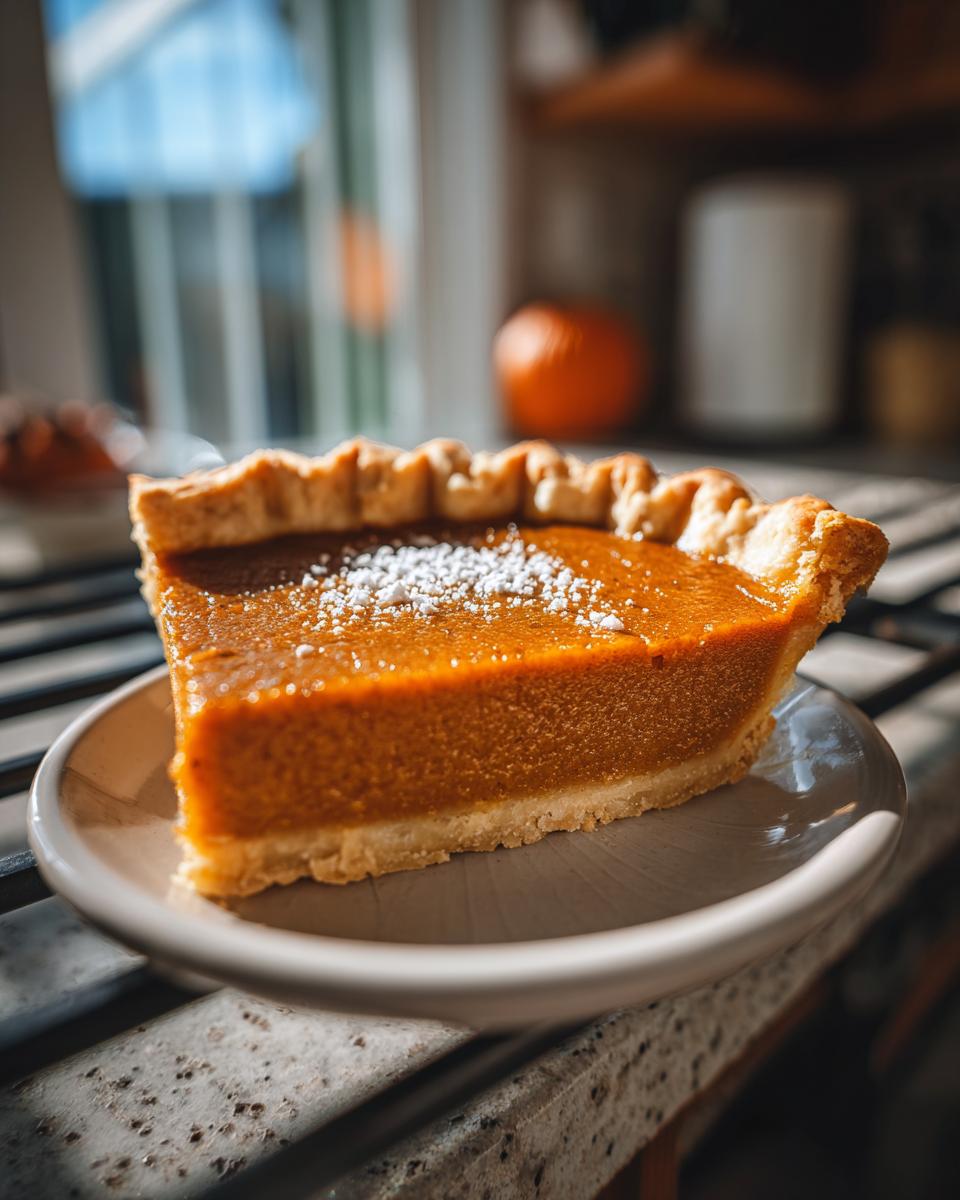 Slice of pumpkin pie with powdered sugar, a Thanksgiving Desserts Recipe everyone asks for.
