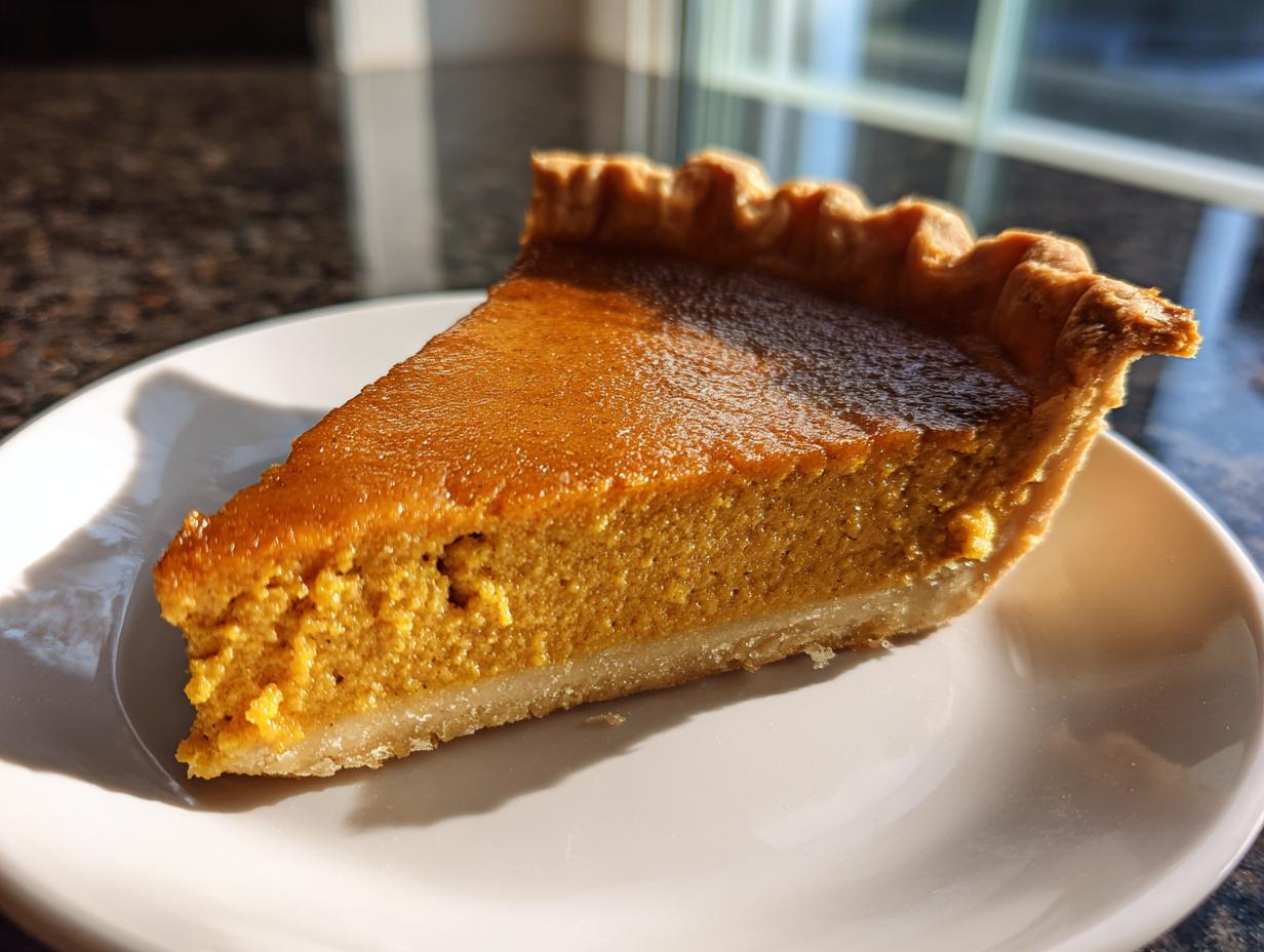 A slice of pumpkin pie, a Thanksgiving Desserts Recipe Everyone Asks For, on a white plate.