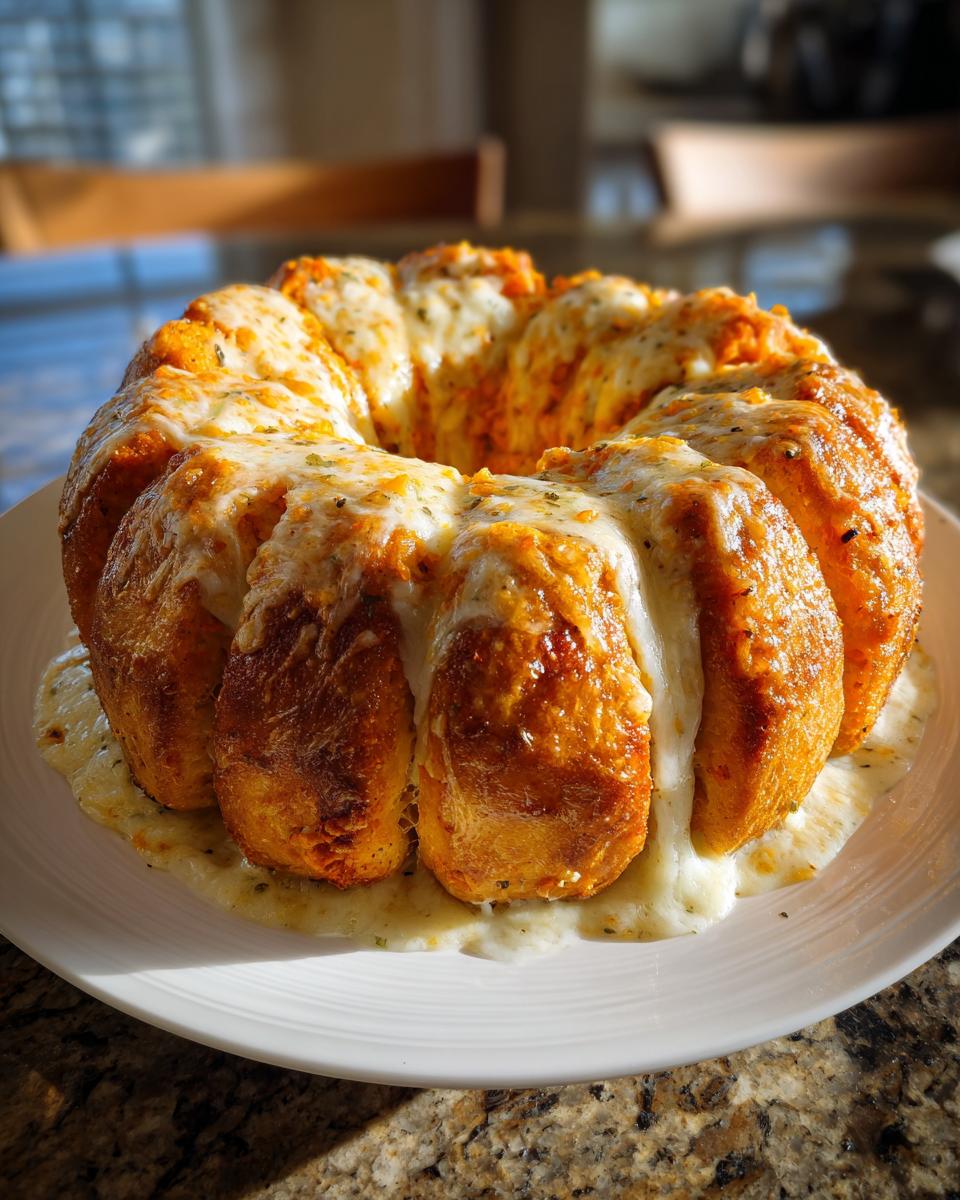 Overhead shot of a Pumpkin-Shaped Cheesy Pull-Apart Bread on a white plate, covered in melted cheese.