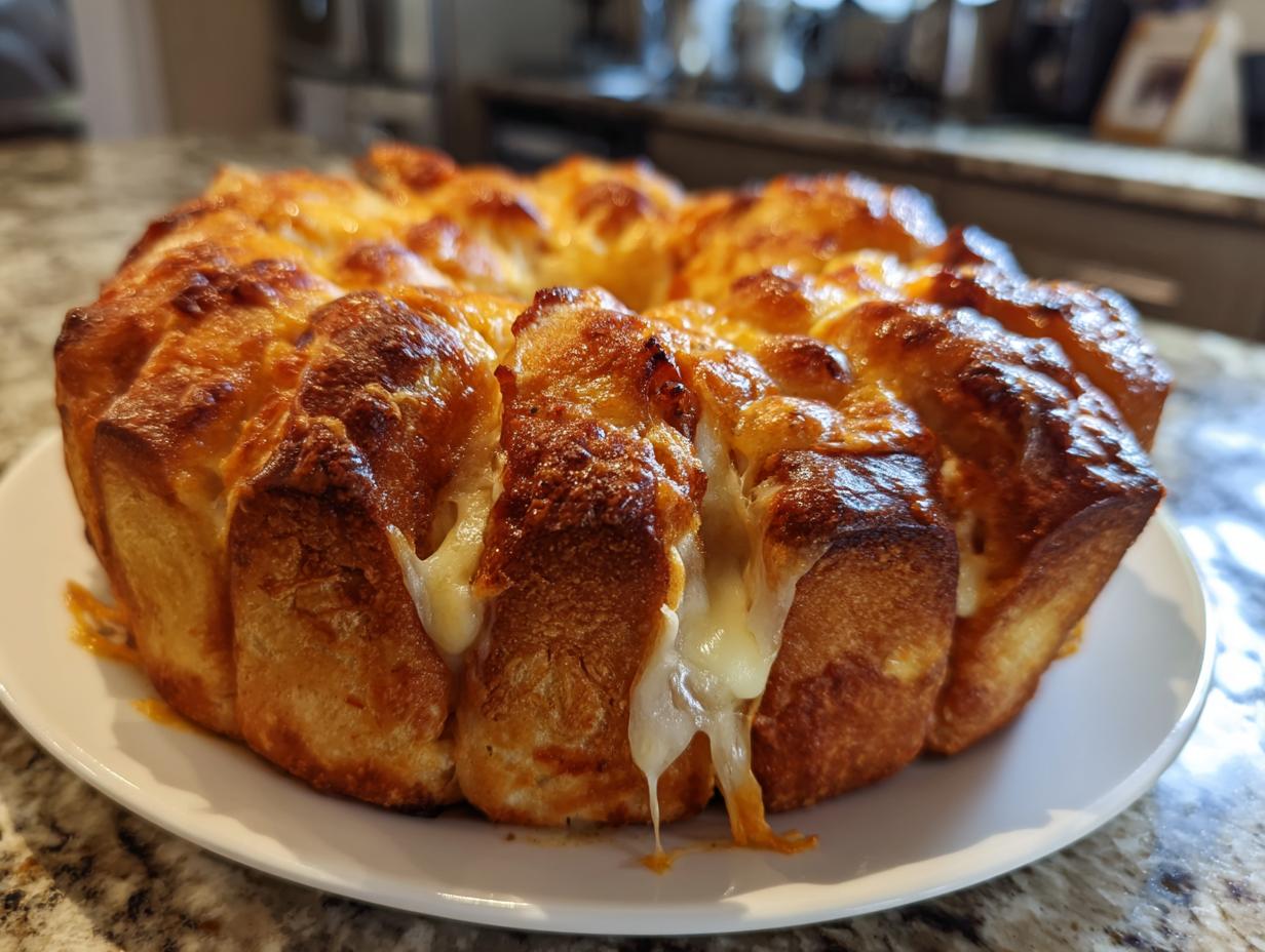 Golden brown Pumpkin-Shaped Cheesy Pull-Apart Bread on a white plate, with melted cheese oozing out.