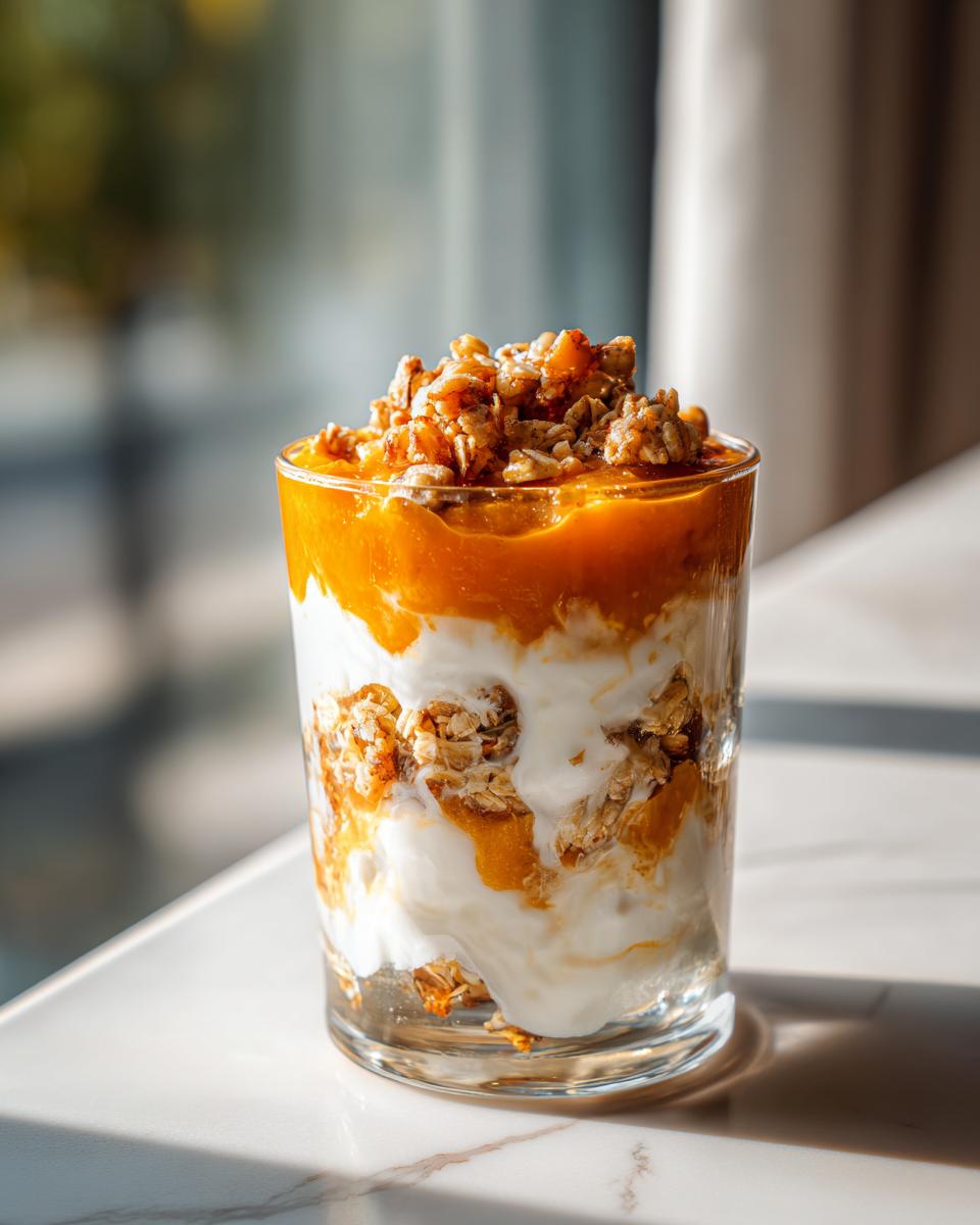 A layered Pumpkin Yogurt Parfait in a glass, featuring yogurt, pumpkin puree, and granola topping.