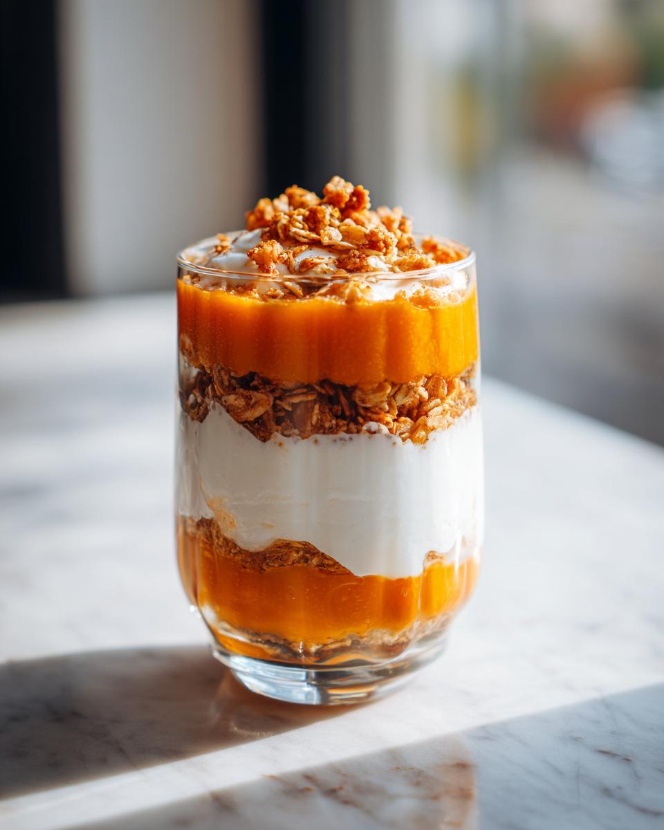 A layered Pumpkin Yogurt Parfait (2025) in a glass, featuring pumpkin puree, yogurt, and granola.