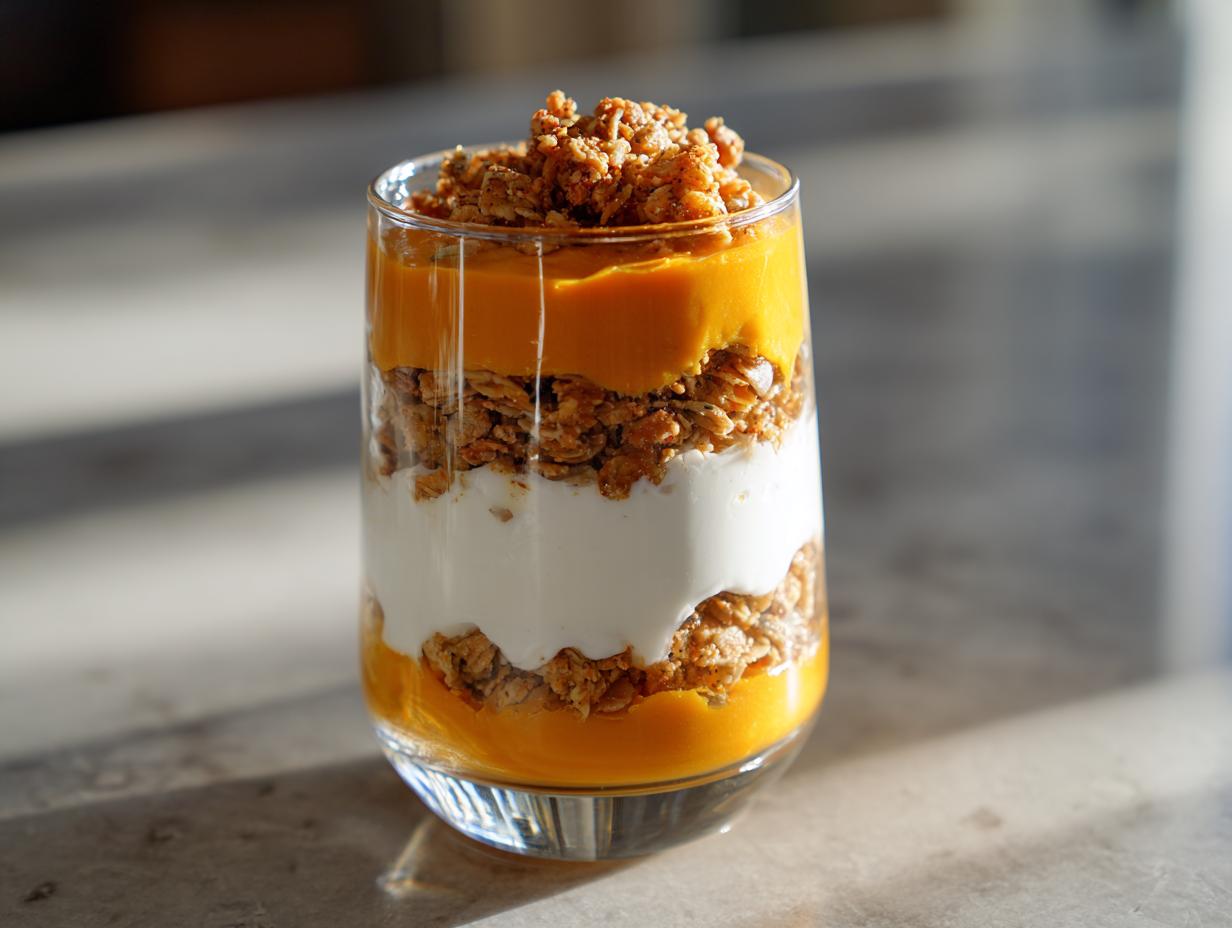 A layered Pumpkin Yogurt Parfait (2025) in a glass, featuring pumpkin puree, yogurt, and granola.