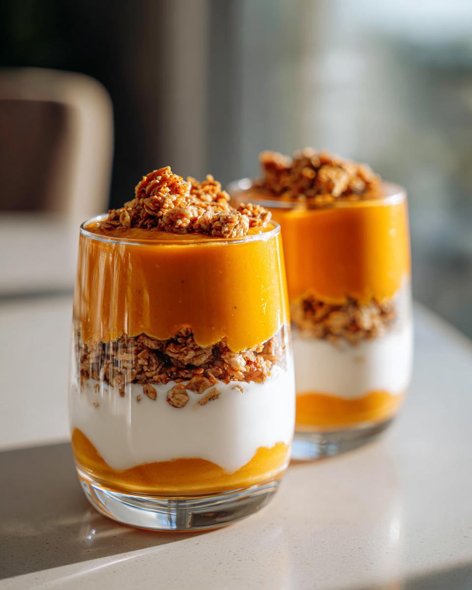 Two glasses of Pumpkin Yogurt Parfaits layered with yogurt, pumpkin puree, and granola topping.