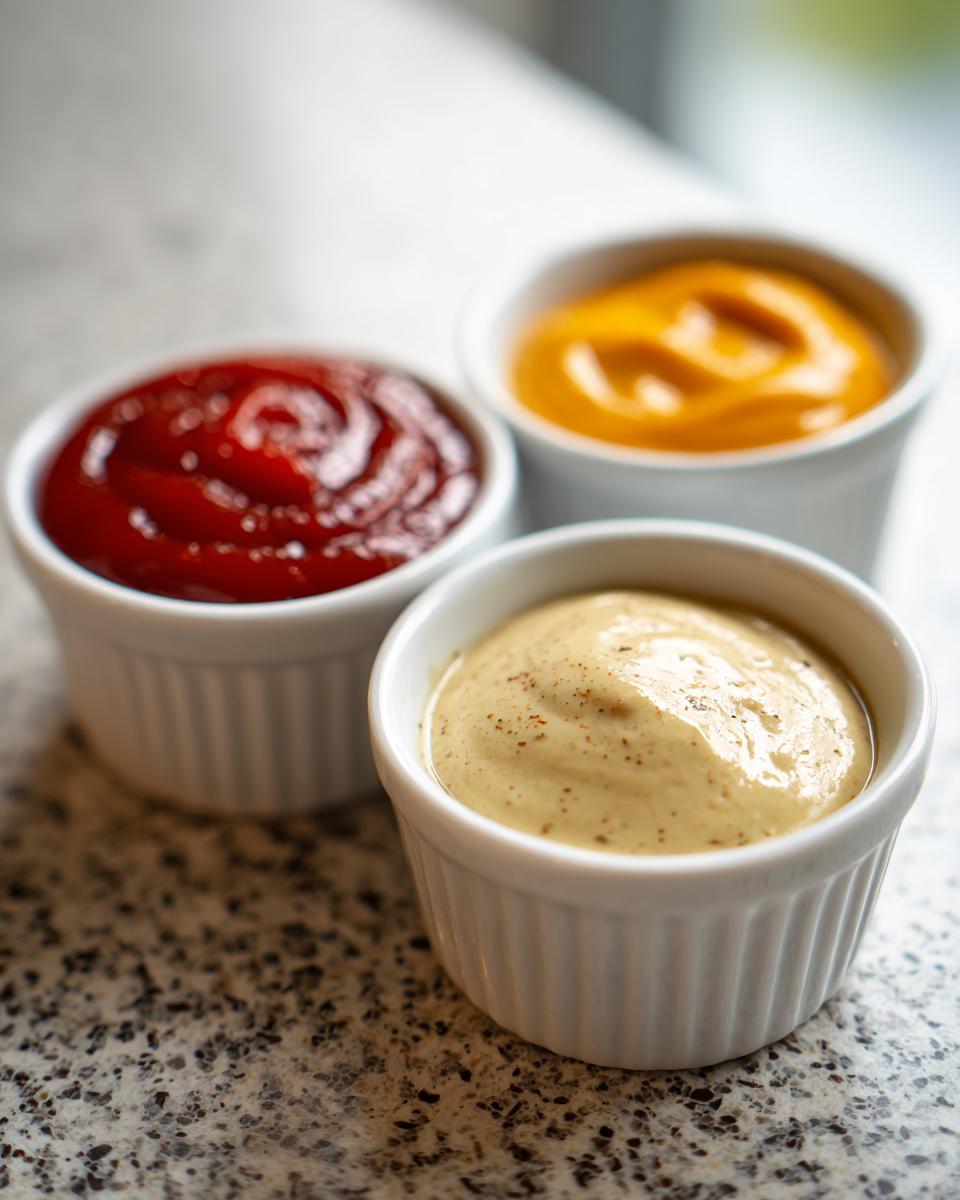 Three bowls of 3 Quick Dipping Sauces for Mummy Dogs: ketchup, mustard, and honey mustard.
