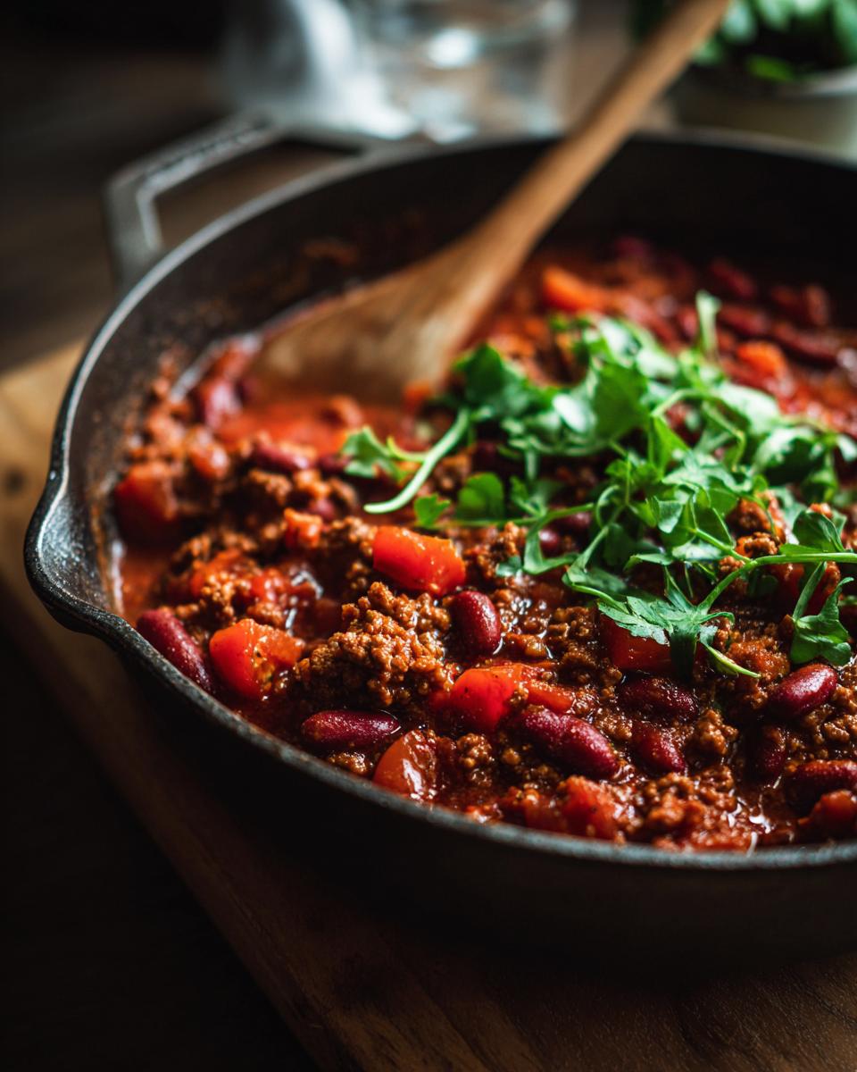 Hearty ground beef chili with kidney beans and tomatoes, garnished with fresh parsley. A quick ground beef recipes.