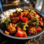 A colorful stir fry with rice, broccoli, red peppers, and glazed tofu, showcasing Dinner Ideas in 20 Minutes.