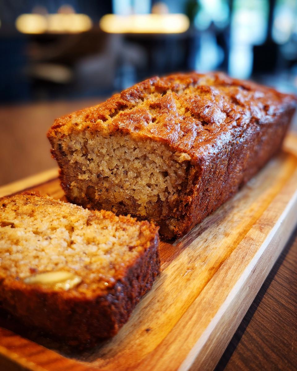 A loaf of Restaurant-Style Banana Bread with a slice cut, displayed on a wooden board.