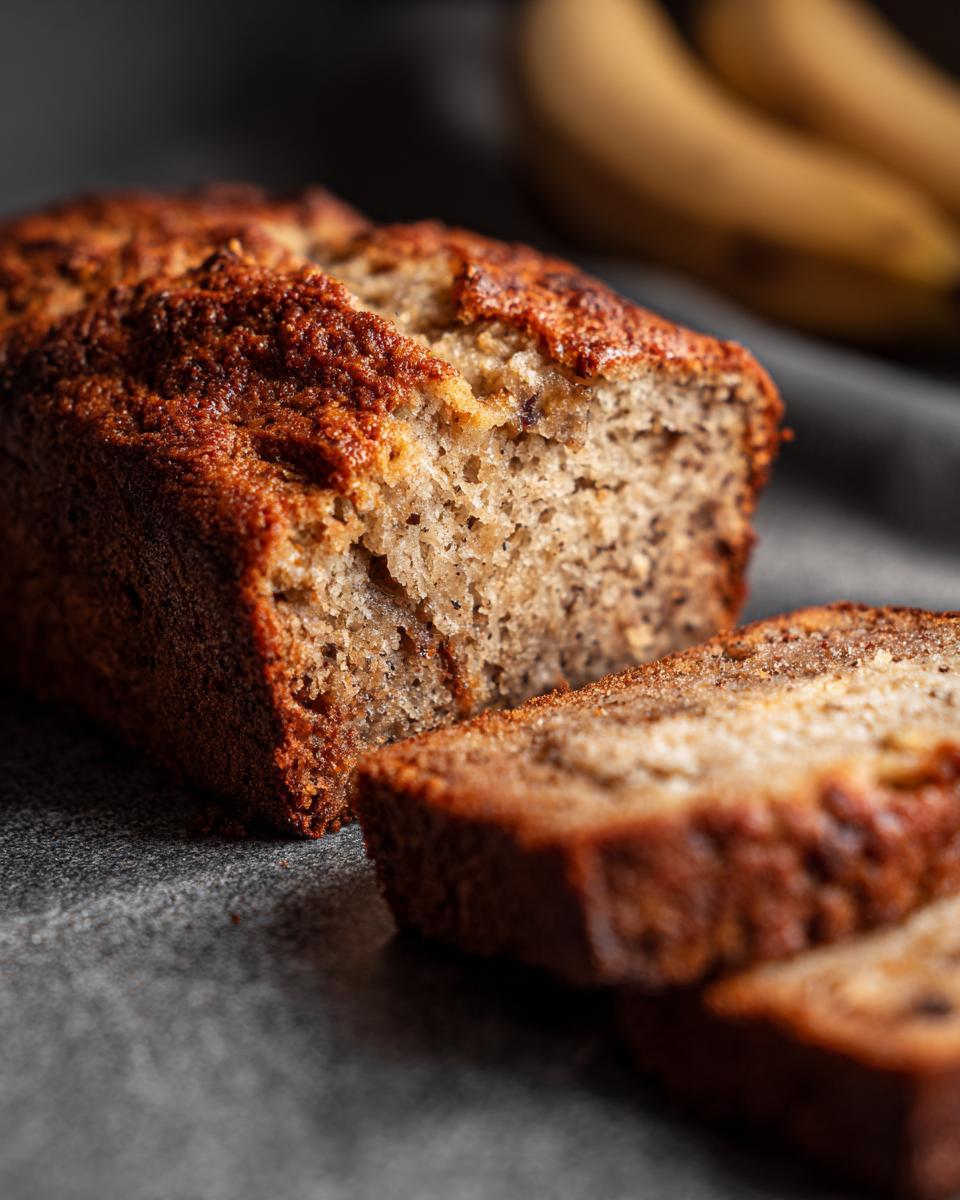 Close-up of a loaf of Restaurant-Style Banana Bread with two slices cut, showing the moist texture.