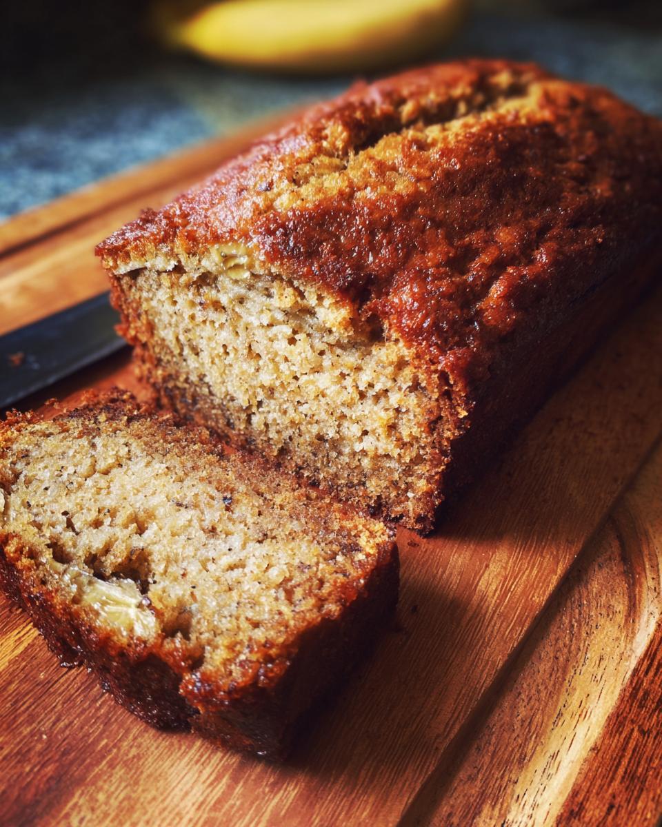 A loaf of Restaurant-Style Banana Bread at Home, sliced on a wooden board with a knife.