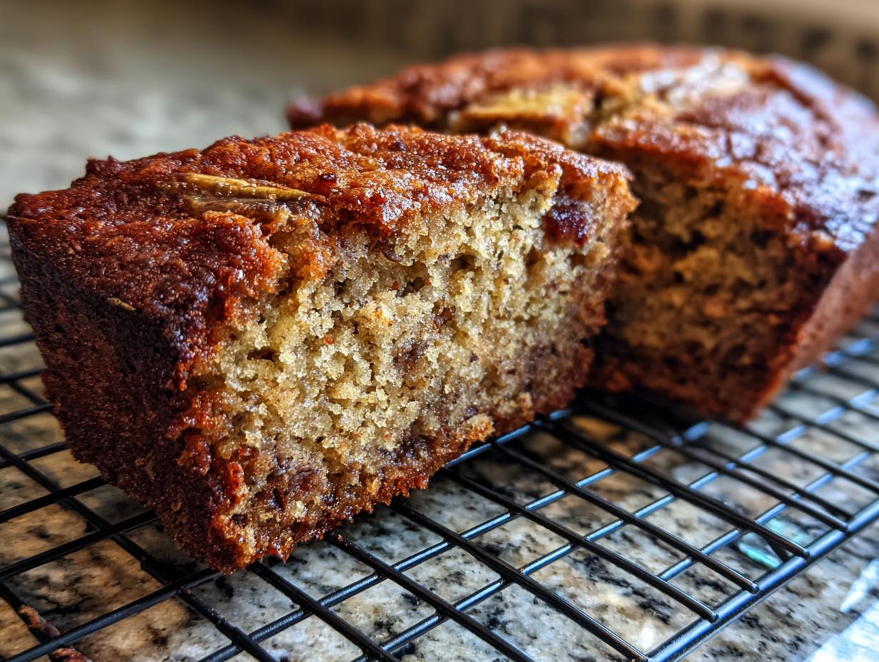 A slice of freshly baked Restaurant-Style Banana Bread sits on a cooling rack, showcasing its moist texture.