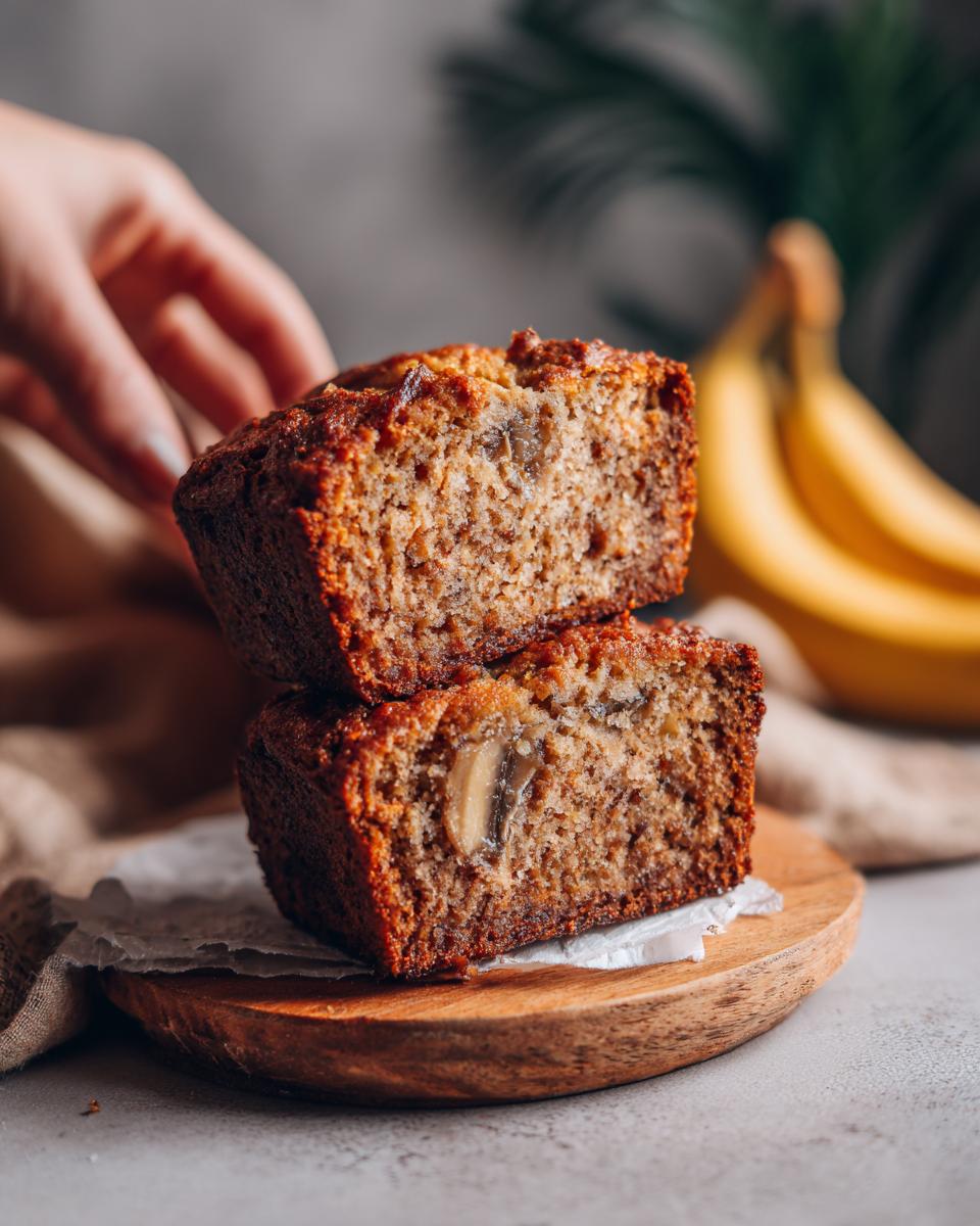 Two slices of Restaurant-Style Banana Bread stacked on a wooden plate, with bananas in the background.