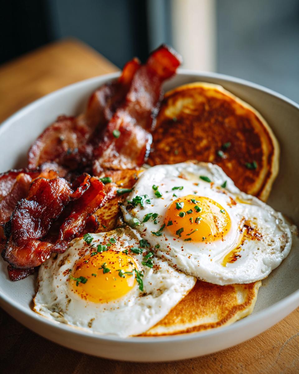 A Restaurant-Style Breakfast featuring sunny-side-up eggs, crispy bacon, and fluffy pancakes, garnished with herbs.