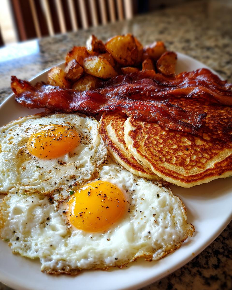 Restaurant-Style Breakfast Ideas at Home: A plate of fried eggs, bacon, pancakes, and roasted potatoes.
