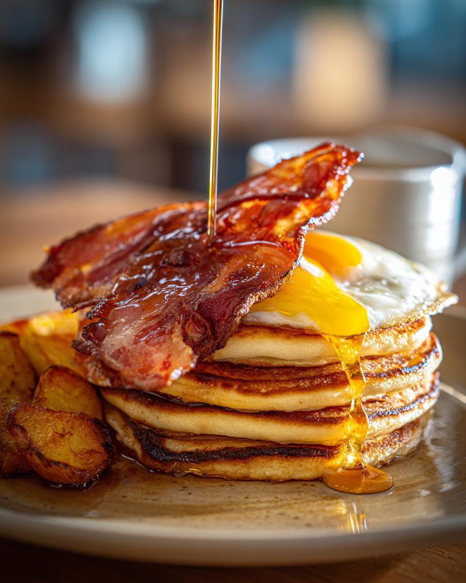 Stack of pancakes with bacon, fried egg, potatoes, and syrup for a Restaurant-Style Breakfast at Home.