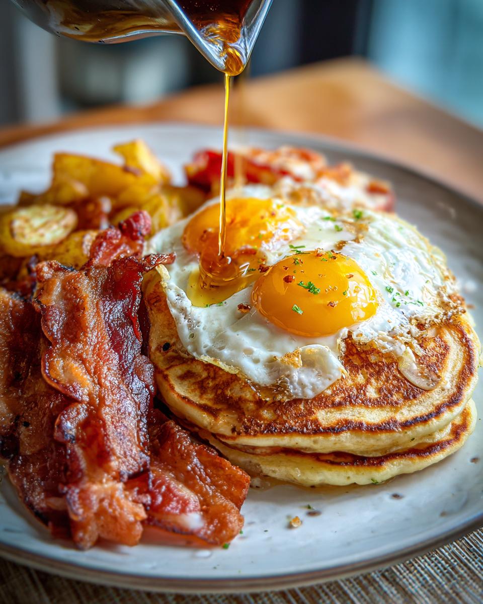 Restaurant-Style Breakfast Ideas at Home: Pancakes topped with fried eggs, crispy bacon, and potatoes, drizzled with syrup.