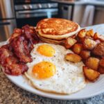 A plate of Restaurant-Style Breakfast Ideas at Home: pancakes, fried eggs, bacon, and roasted potatoes.