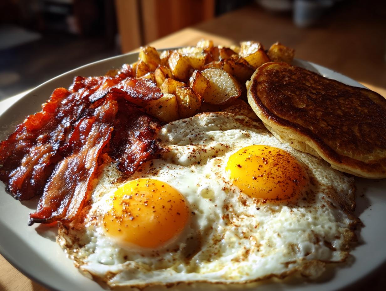 A plate of Restaurant-Style Breakfast Ideas at Home: bacon, fried eggs, potatoes, and pancakes.