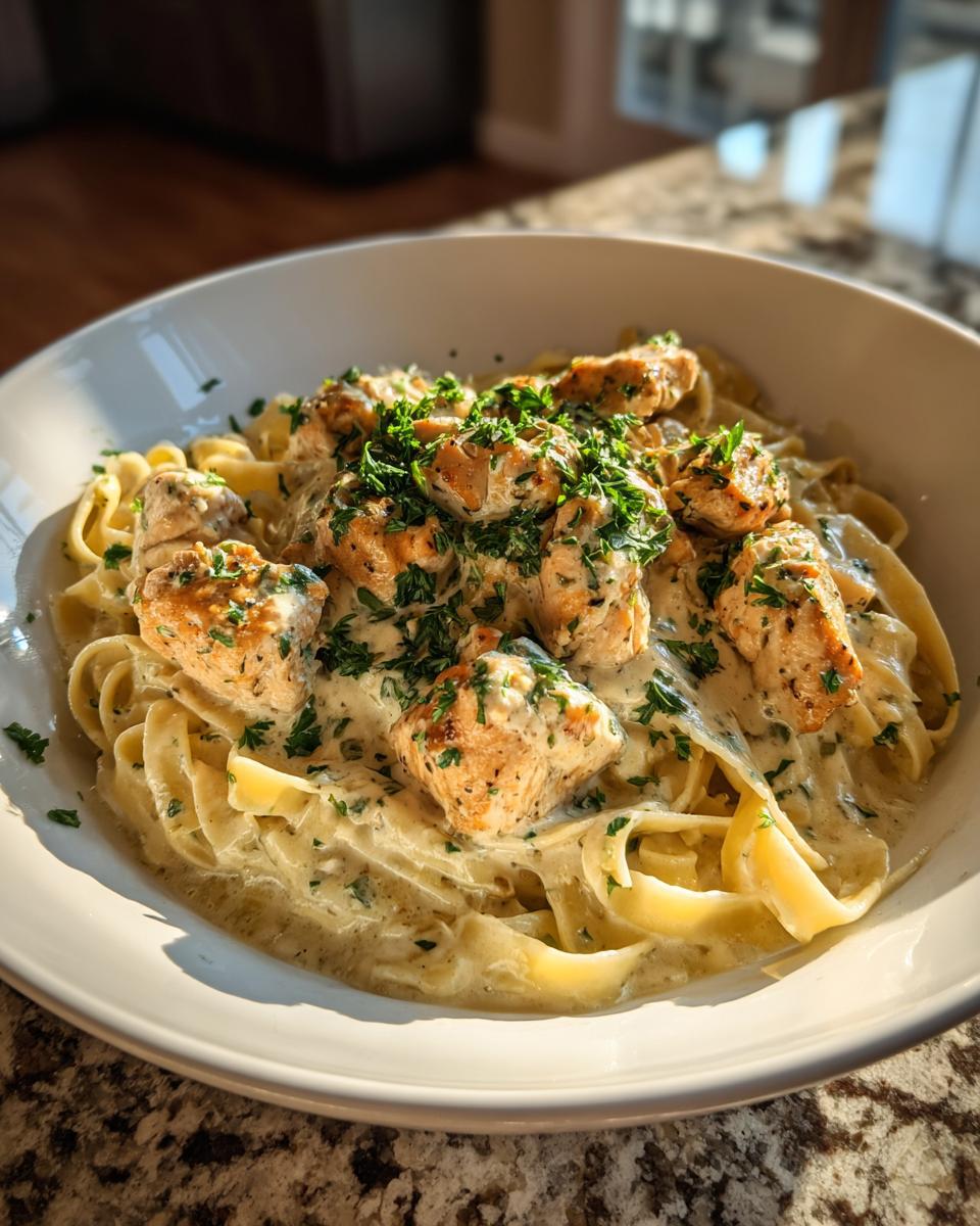 Bowl of Restaurant-Style Chicken Alfredo Dinner with fettuccine, creamy sauce, grilled chicken, and parsley.