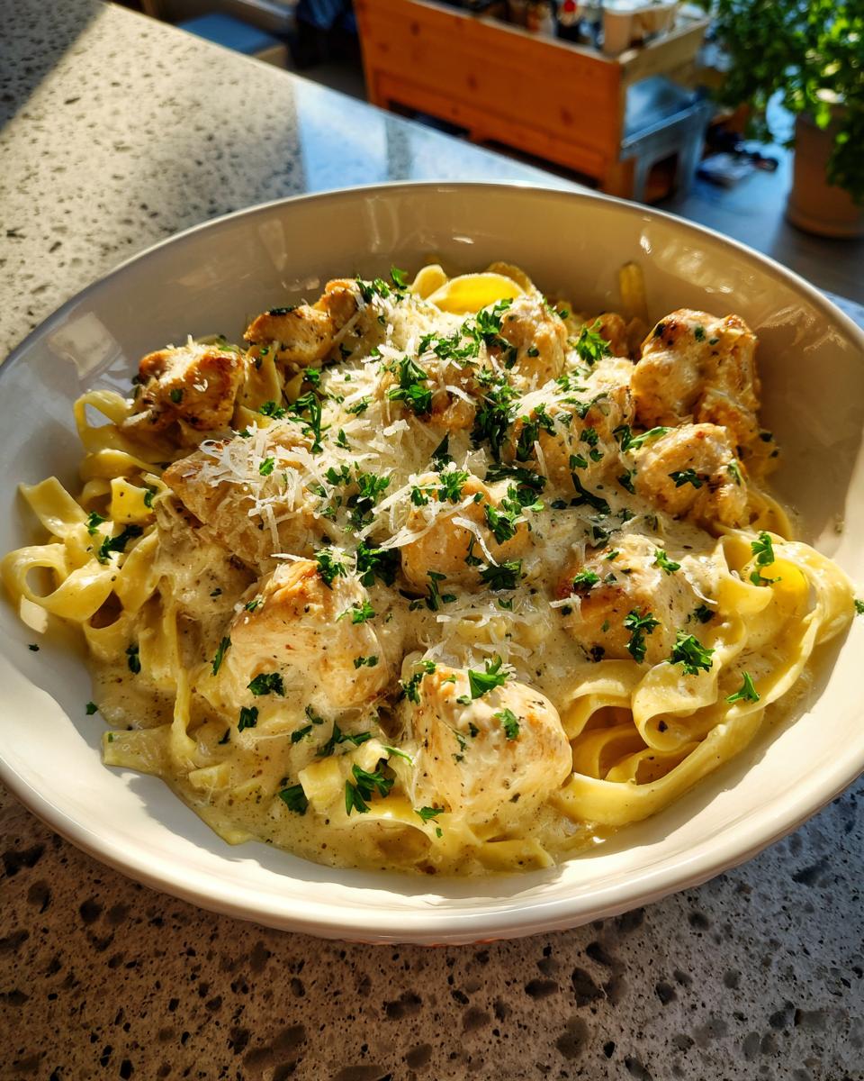 A bowl of Restaurant-Style Easy Dinner Recipes at Home: Chicken Alfredo pasta with fettuccine, creamy sauce, and parsley.