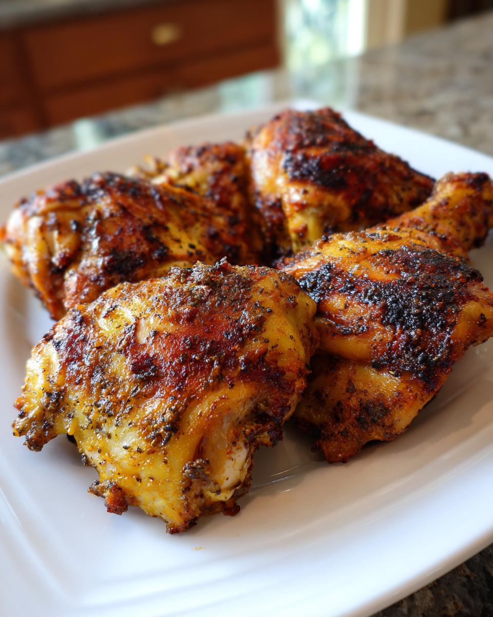 Close-up of Restaurant-Style Chicken at Home, showing crispy skin and juicy meat on a white plate.