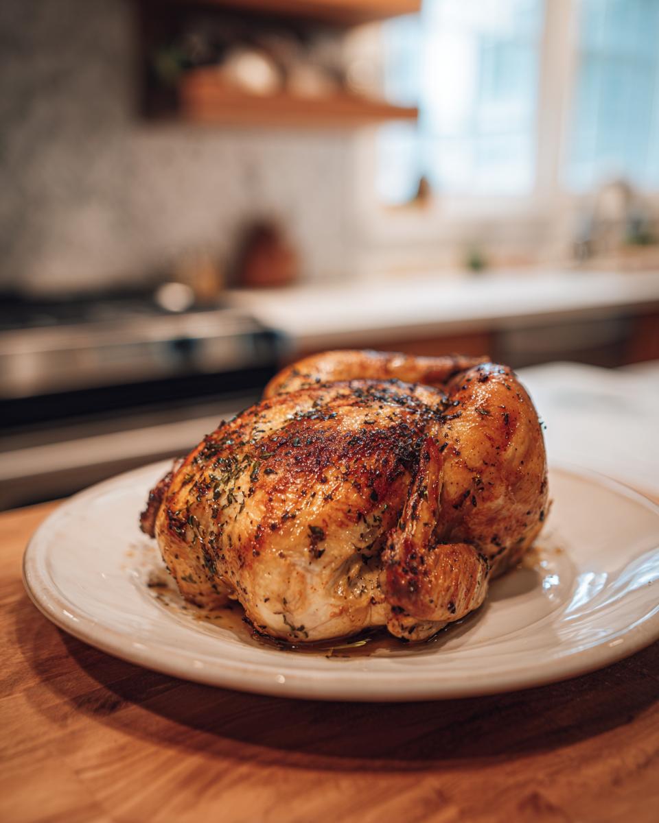 Whole roasted Restaurant-Style Chicken at Home on a white plate, showcasing its golden-brown skin and herb seasoning.
