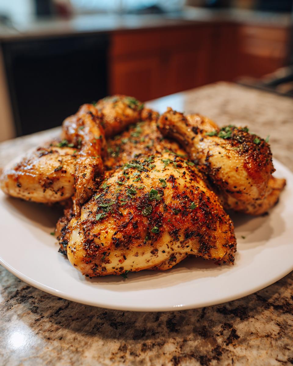 A plate of Restaurant-Style Chicken at Home, seasoned and garnished with herbs.