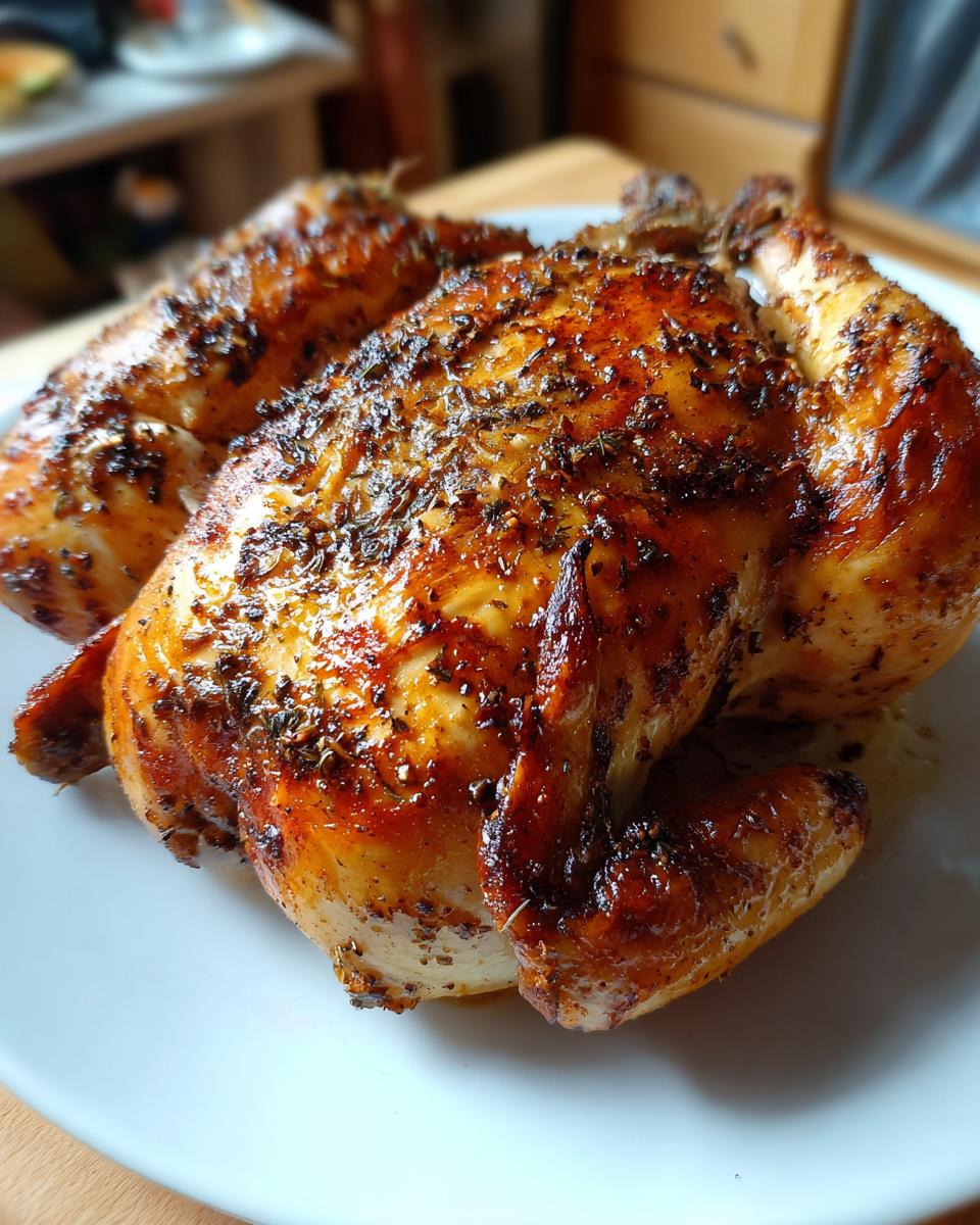 A perfectly roasted Restaurant-Style Chicken at Home, seasoned with herbs and spices, sitting on a white plate.