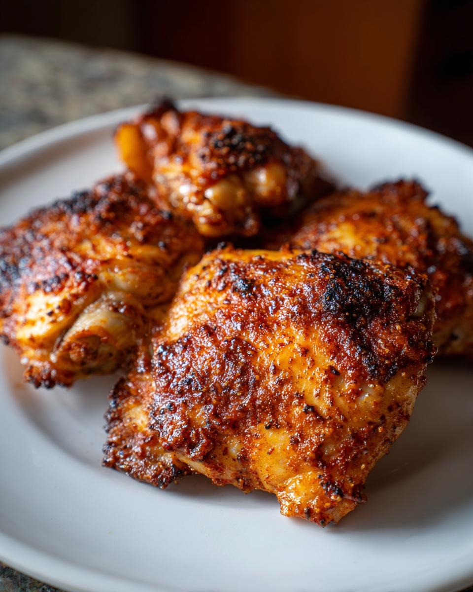 A plate of Restaurant-Style Chicken Thigh Recipes with crispy, seasoned skin.