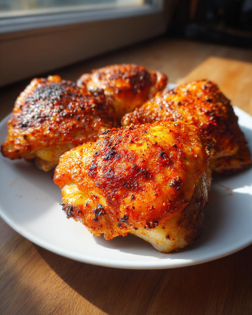 Four Restaurant-Style Chicken Thigh Recipes at Home, seasoned and cooked, presented on a white plate.