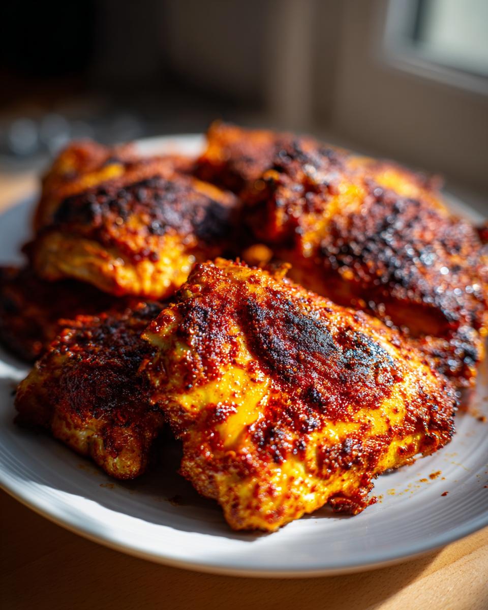 Close-up of Restaurant-Style Chicken Thigh Recipes at Home on a white plate, showing crispy, seasoned skin.