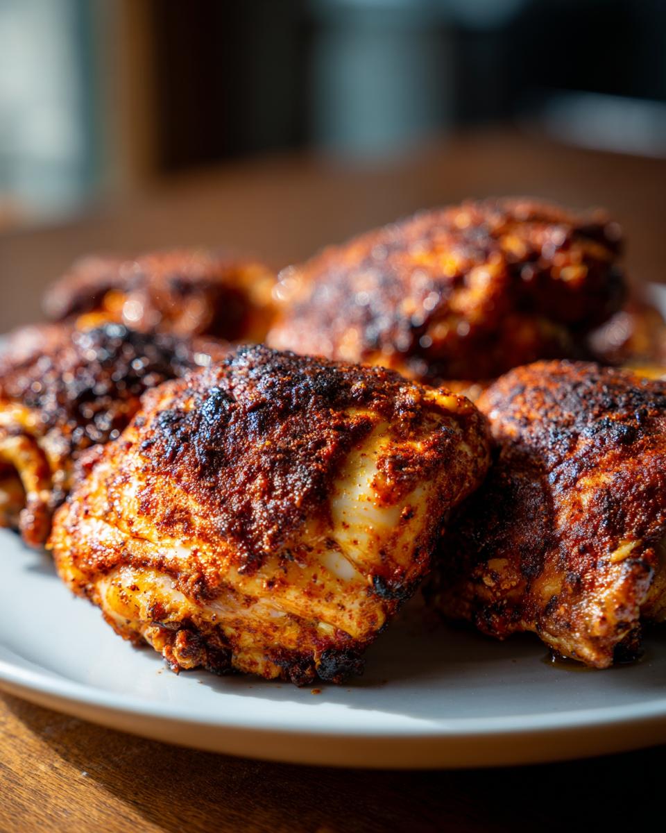 Close-up of Restaurant-Style Chicken Thighs Recipe on a plate, showing crispy, seasoned skin.