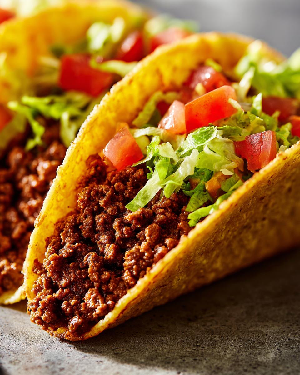 Close-up of a Restaurant-Style Ground Beef taco with lettuce and tomatoes in a crispy shell.