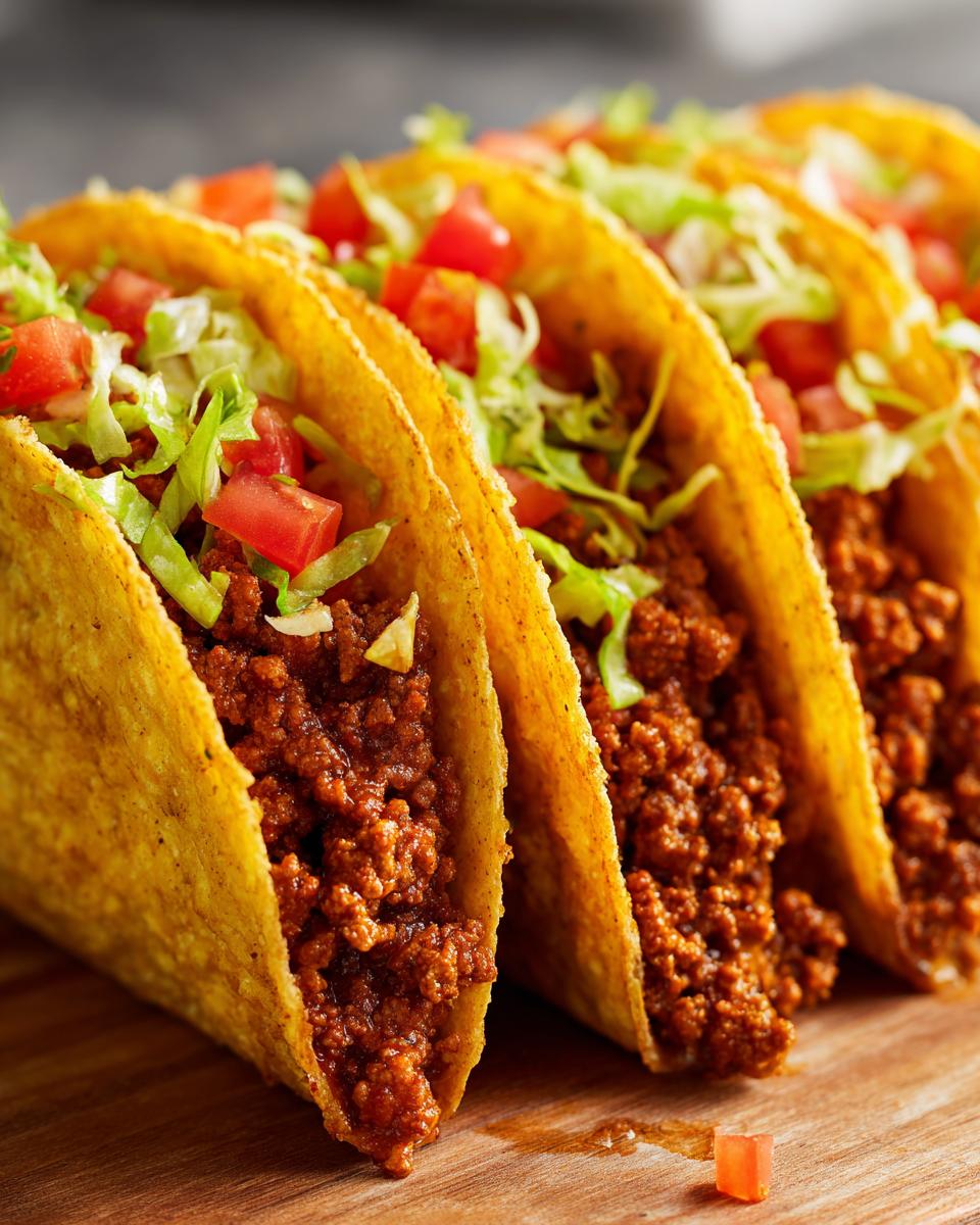 Close-up of Restaurant-Style Ground Beef Recipes at Home: crispy tacos filled with seasoned ground beef, lettuce, and tomatoes.