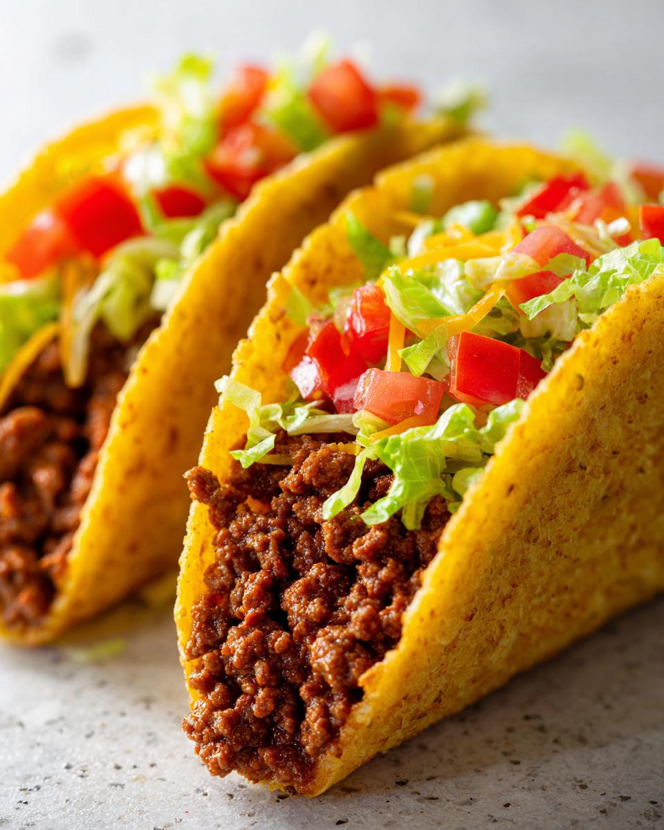 Two restaurant-style ground beef tacos with lettuce, tomato, and cheese in crispy shells.
