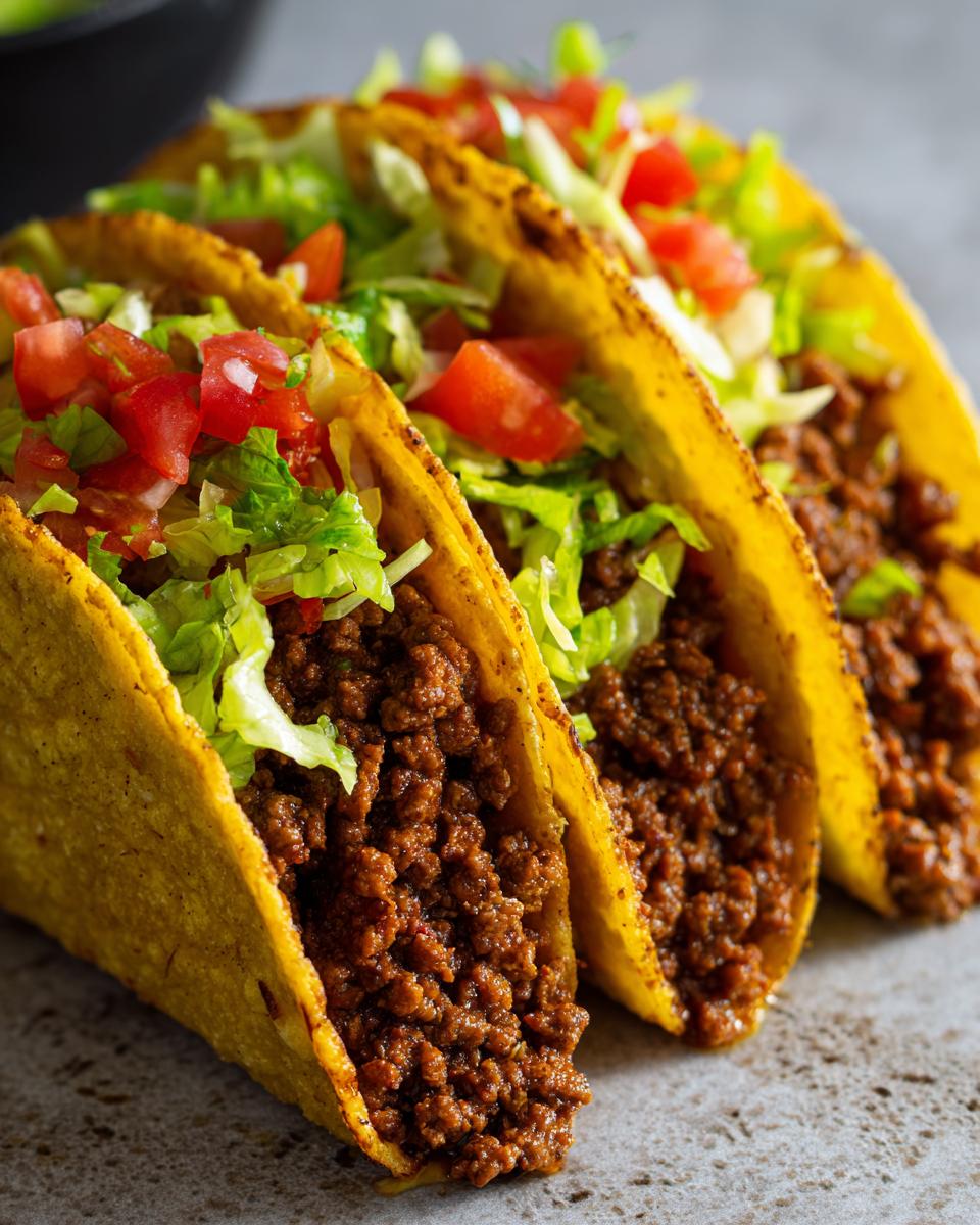 Three restaurant-style ground beef tacos filled with beef, lettuce, and tomatoes.