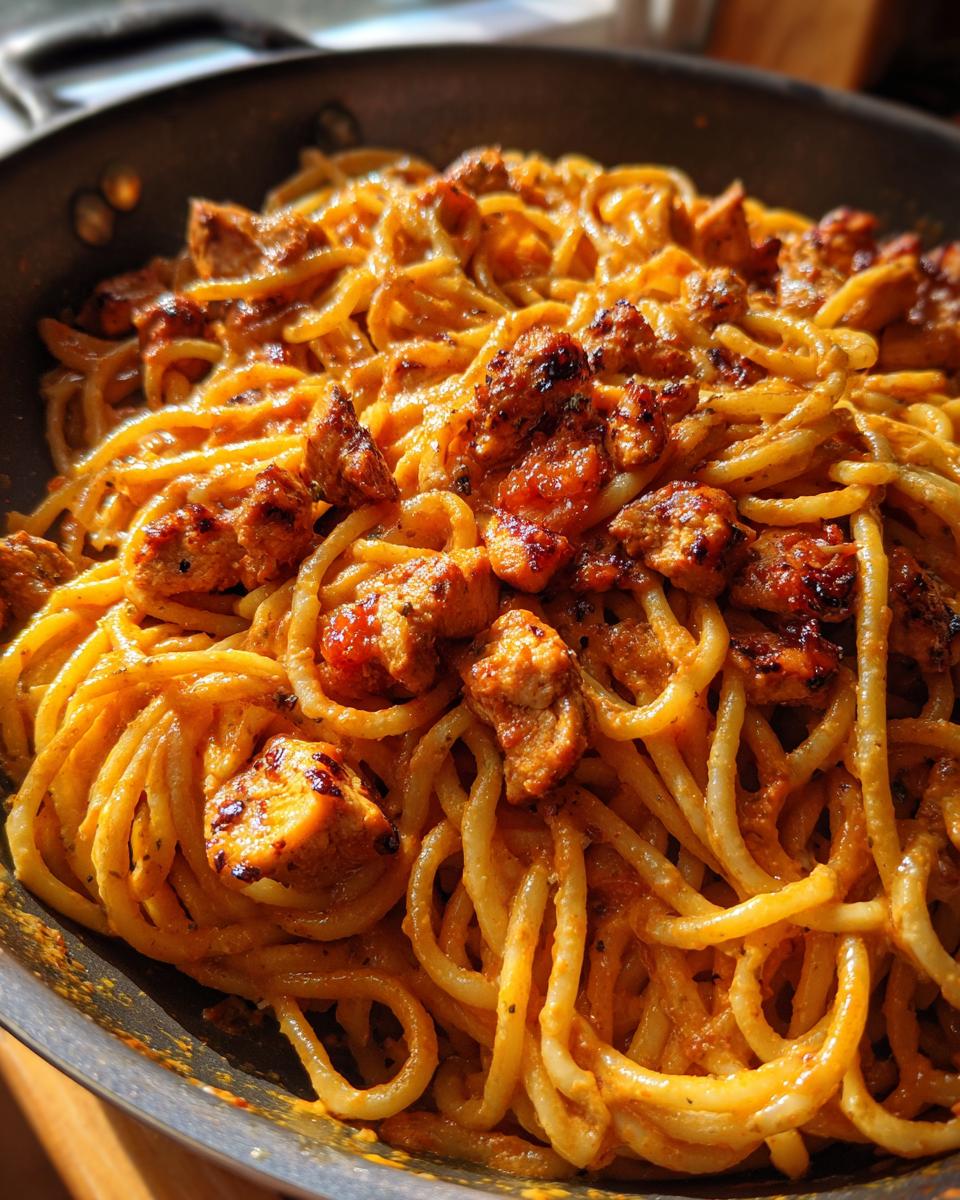 Close-up of Restaurant-Style Pasta Recipes at Home, featuring spaghetti with creamy sauce and grilled chicken pieces.