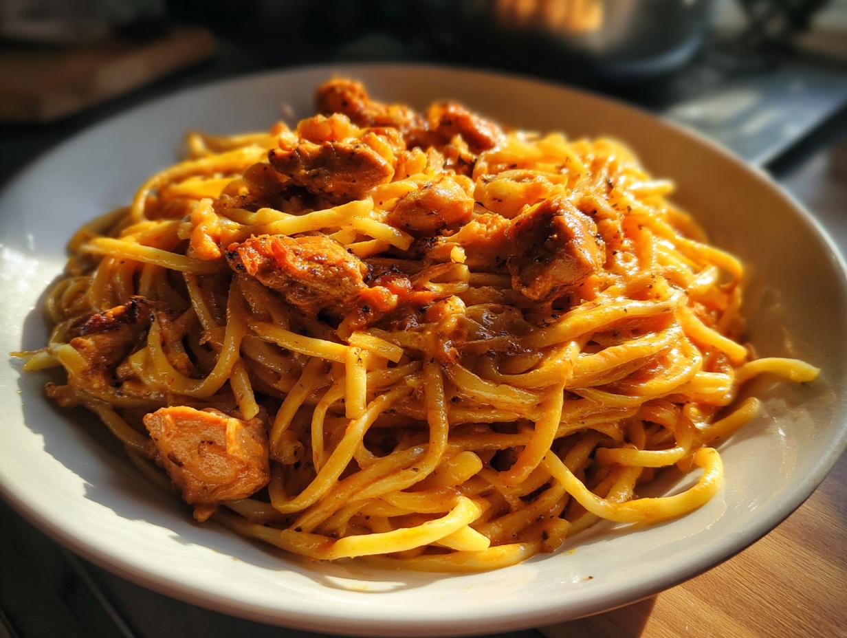Close-up of Restaurant-Style Pasta Recipes at Home, featuring linguine with creamy sauce and grilled chicken pieces.