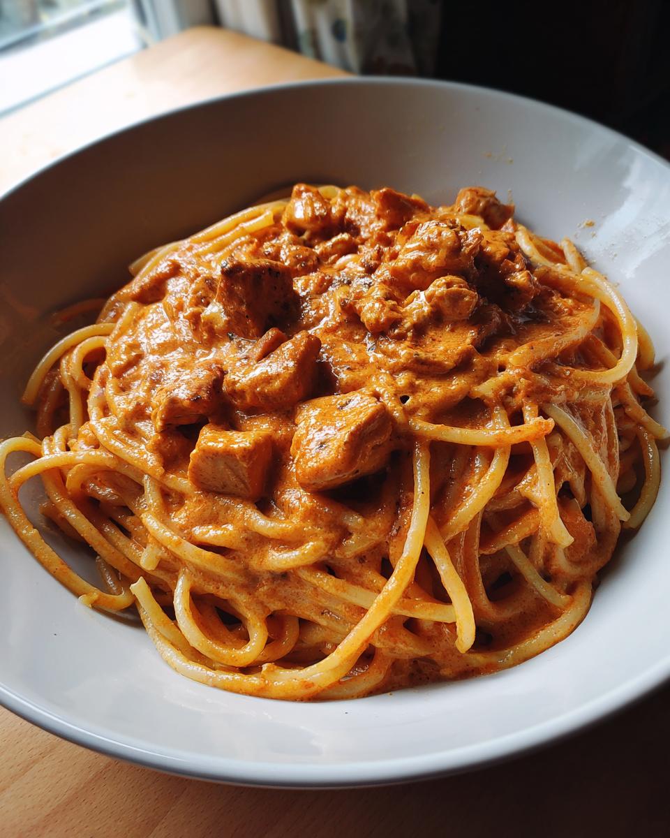 A bowl of spaghetti topped with a creamy tomato sauce and chicken, perfect for Restaurant-Style Pasta Recipes at Home.