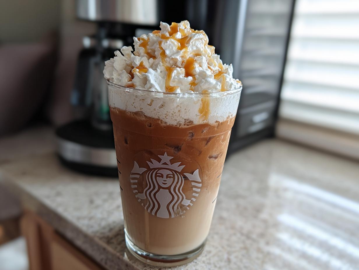 Iced coffee with whipped cream and caramel drizzle, a Restaurant-Style Starbucks Drinks at Home recipe.