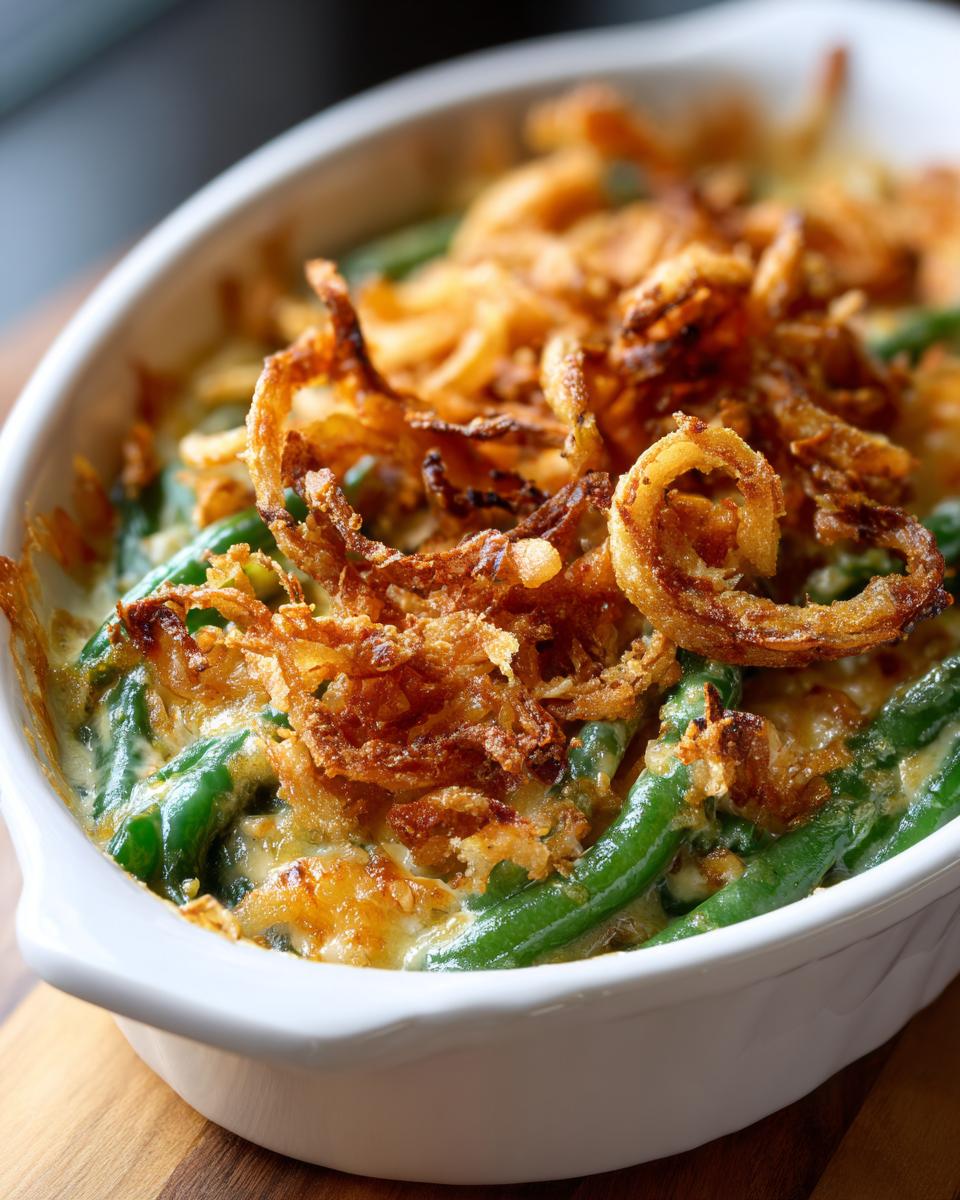 Close-up of Restaurant-Style Thanksgiving Green Beans at Home, topped with crispy fried onions in a white casserole dish.