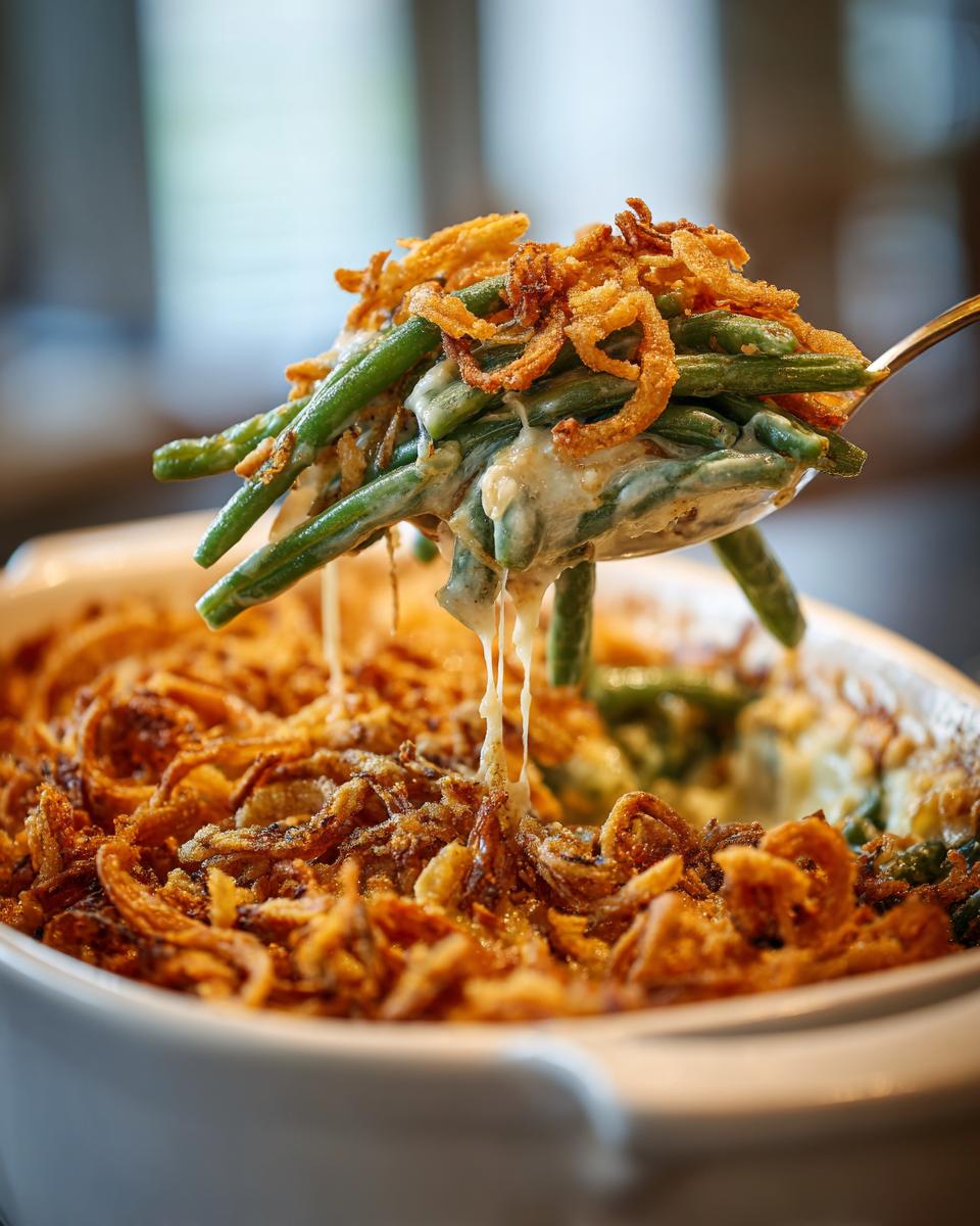 Spoonful of Restaurant-Style Thanksgiving Green Beans with crispy fried onions and creamy sauce.