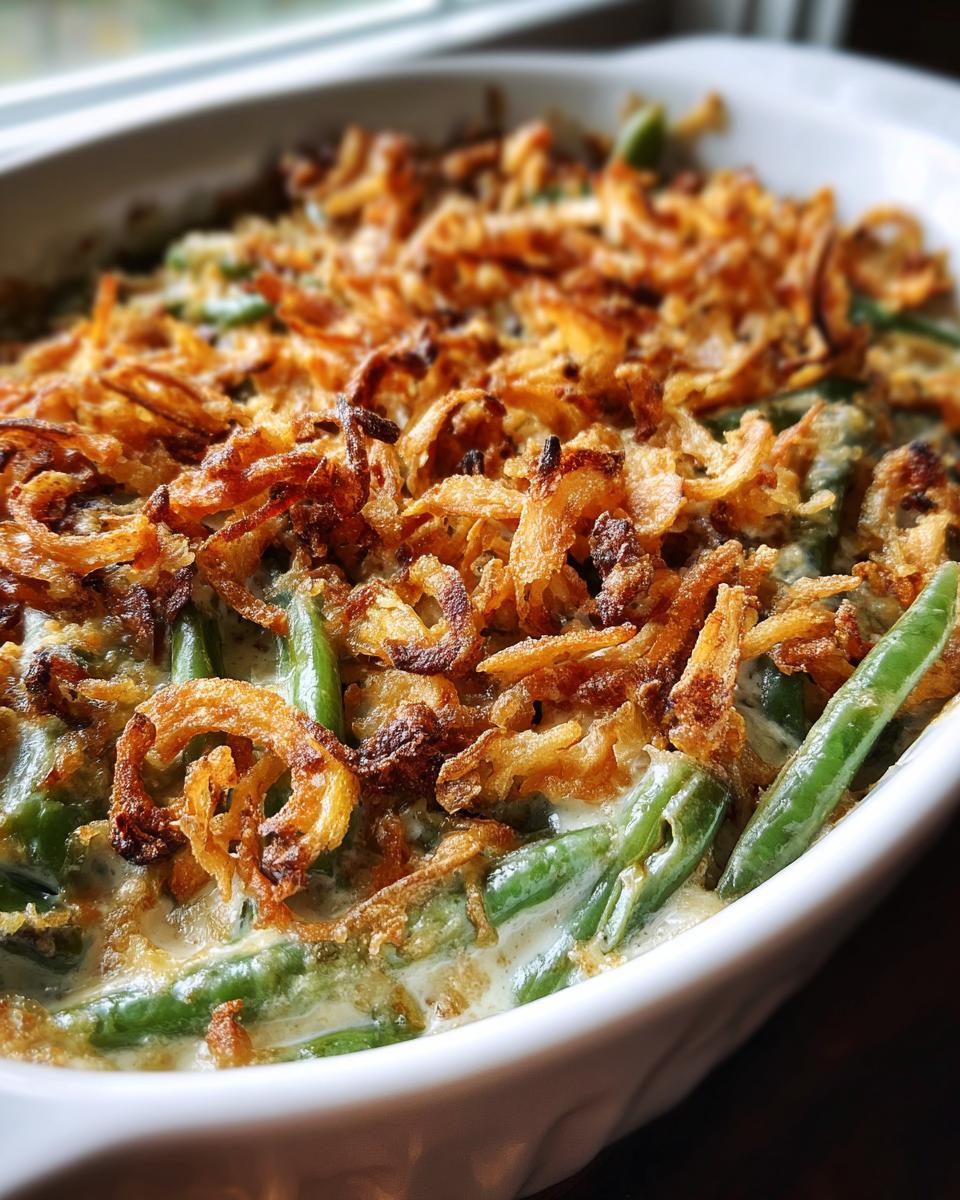 Close up of Restaurant-Style Thanksgiving Green Beans at Home in a white casserole dish, topped with crispy fried onions.