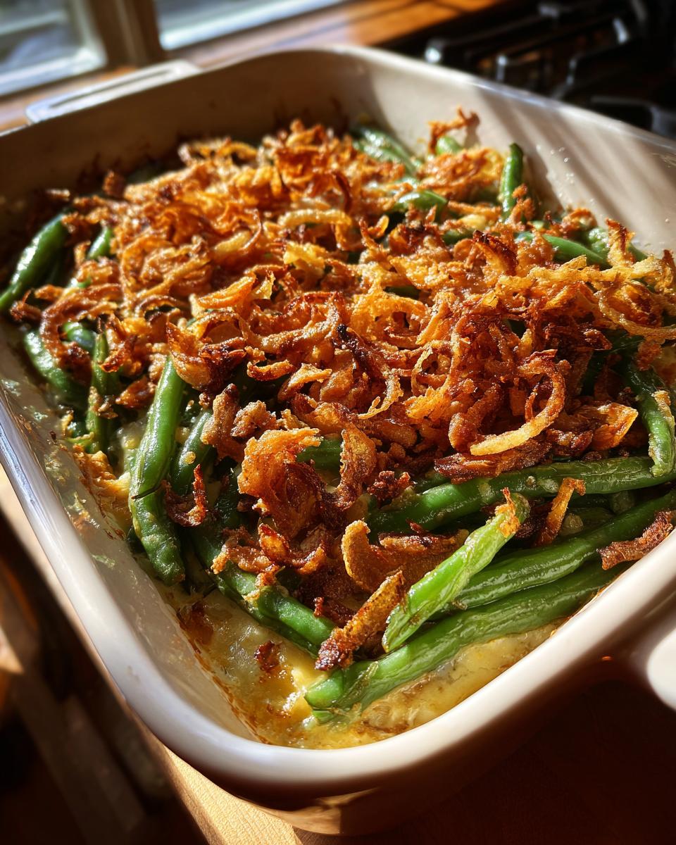 Close-up of Restaurant-Style Thanksgiving Green Beans with crispy fried onions topping in a baking dish.