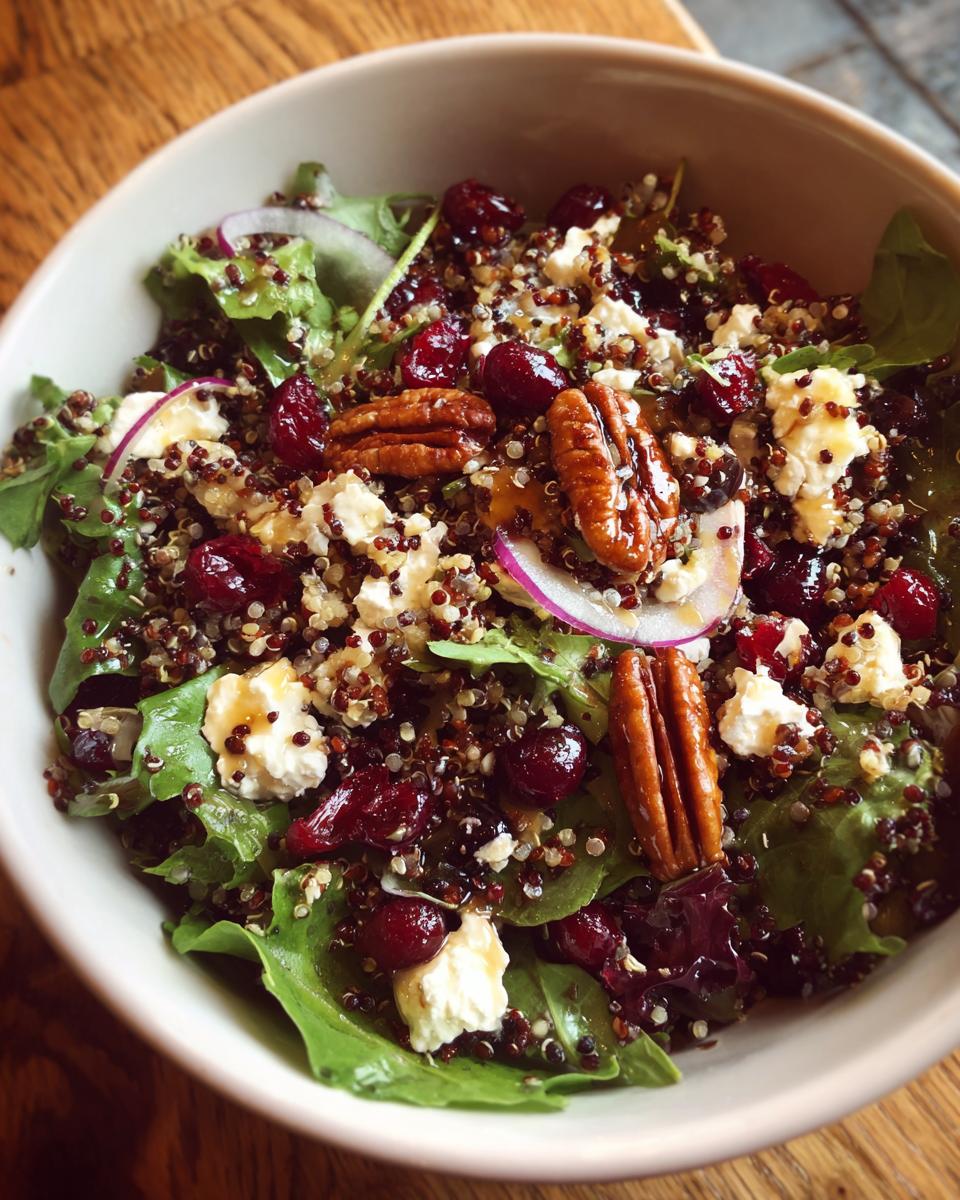 Overhead view of a Restaurant-Style Thanksgiving Salad with greens, quinoa, cranberries, pecans, and feta.