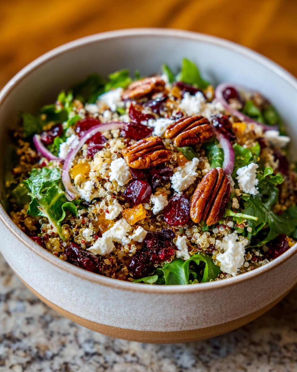 A Restaurant-Style Thanksgiving Salad with greens, quinoa, cranberries, pecans, goat cheese, and red onion.