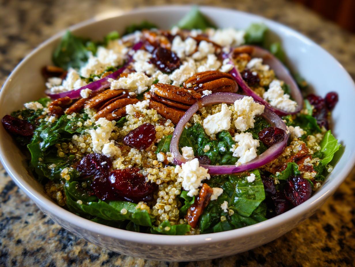A vibrant Restaurant-Style Thanksgiving Salad with greens, quinoa, pecans, cranberries, red onion, and feta cheese.