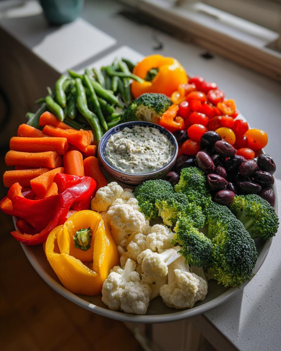Colorful Restaurant-Style Thanksgiving Veggie Tray with carrots, peppers, broccoli, cauliflower, tomatoes, olives, and dip.